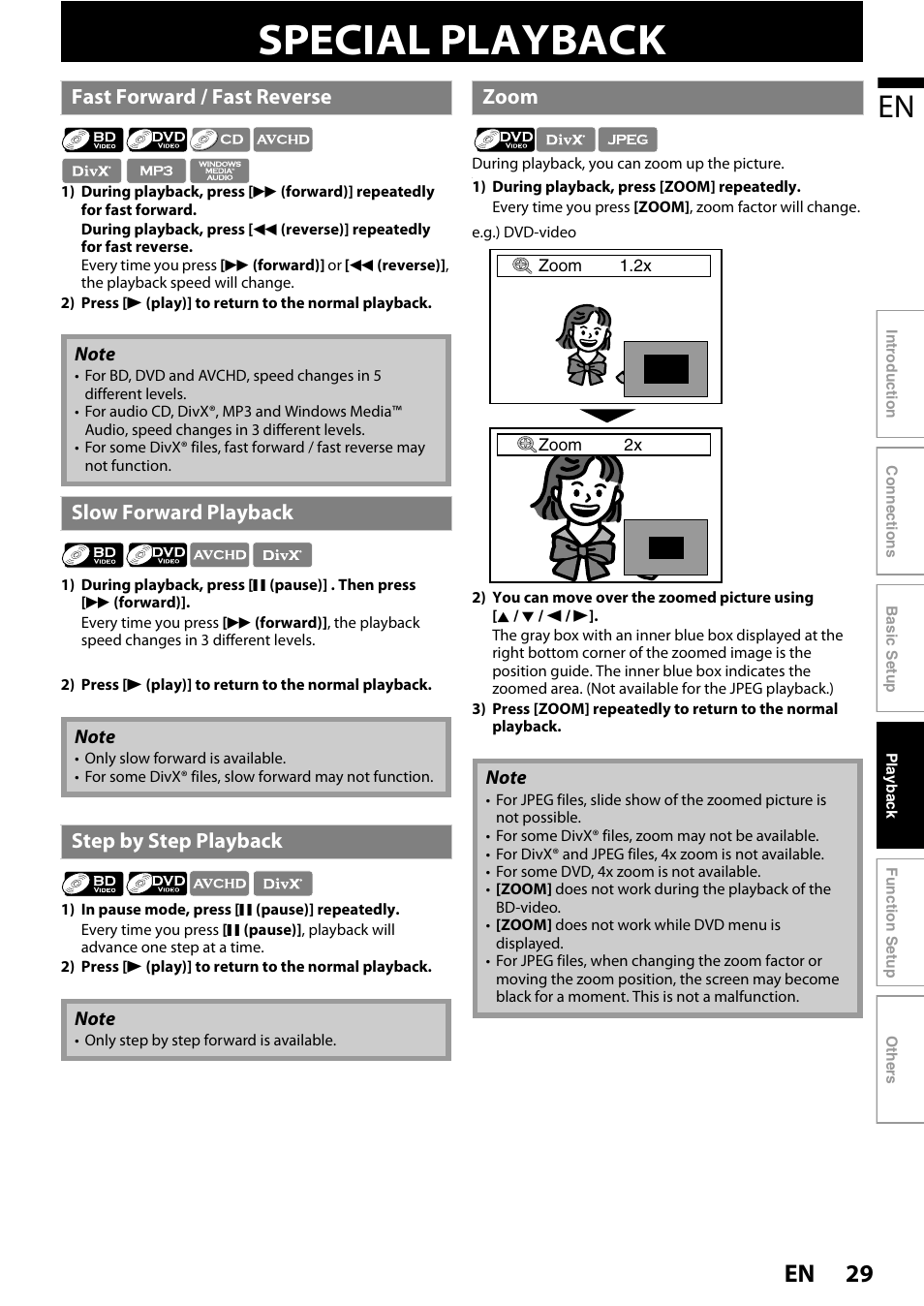 Special playback, 29 en, Fast forward / fast reverse | Slow forward playback, Step by step playback, Zoom | Philips BDP5110/F7 User Manual | Page 29 / 60