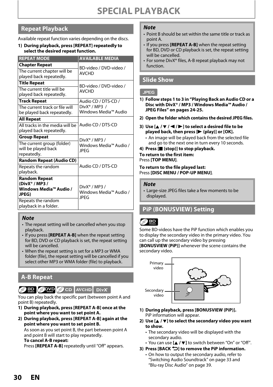 Special playback, Repeat playback, A-b repeat | Slide show, Pip (bonusview) setting | Philips BDP5110/F7 User Manual | Page 30 / 60