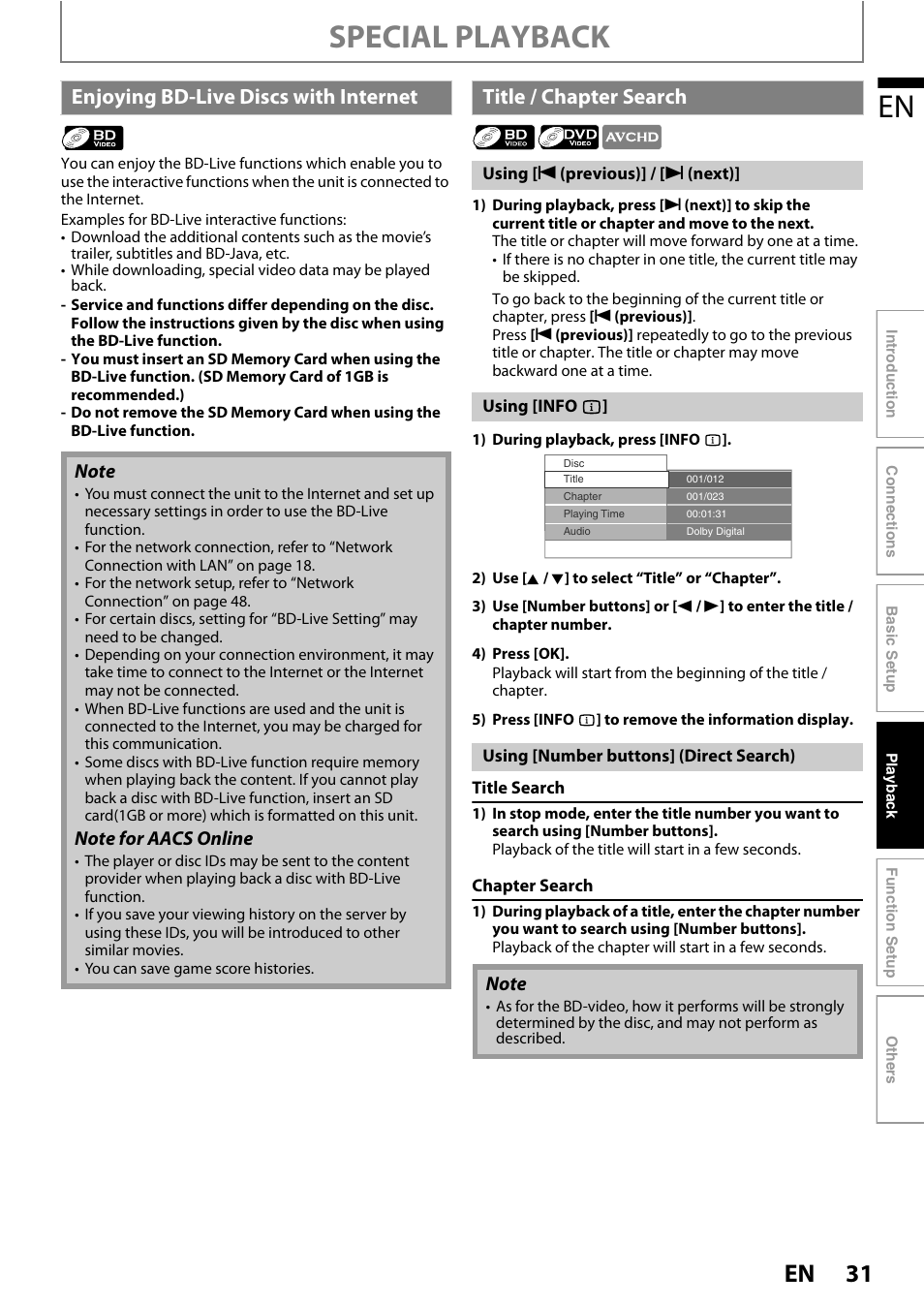 Special playback, Enjoying bd-live d iscs with internet, Title / chapter search | Philips BDP5110/F7 User Manual | Page 31 / 60