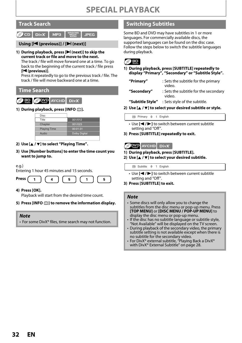 Track search time search switching subtitles, Special playback, Track search | Time search, Switching subtitles | Philips BDP5110/F7 User Manual | Page 32 / 60