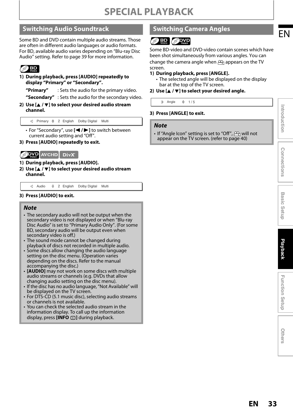 Switching audio soundtrack switching camera angles, Special playback, Switching audio soundtrack | Switching camera angles | Philips BDP5110/F7 User Manual | Page 33 / 60