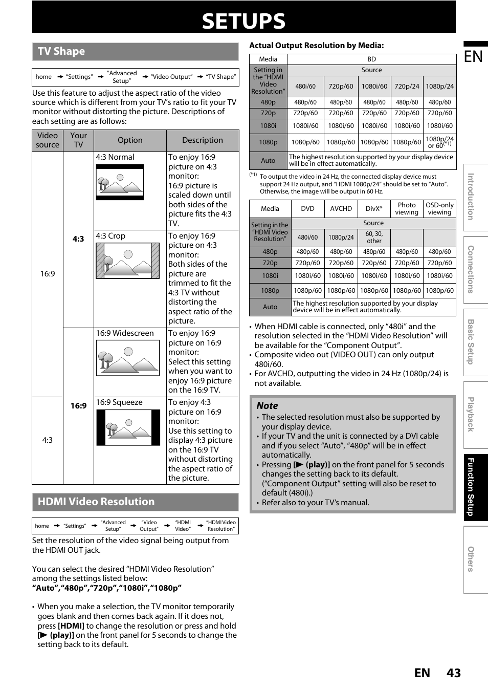 Setups, Tv shape hdmi video resolution, 43 en | Tv shape, Hdmi video resolution | Philips BDP5110/F7 User Manual | Page 43 / 60