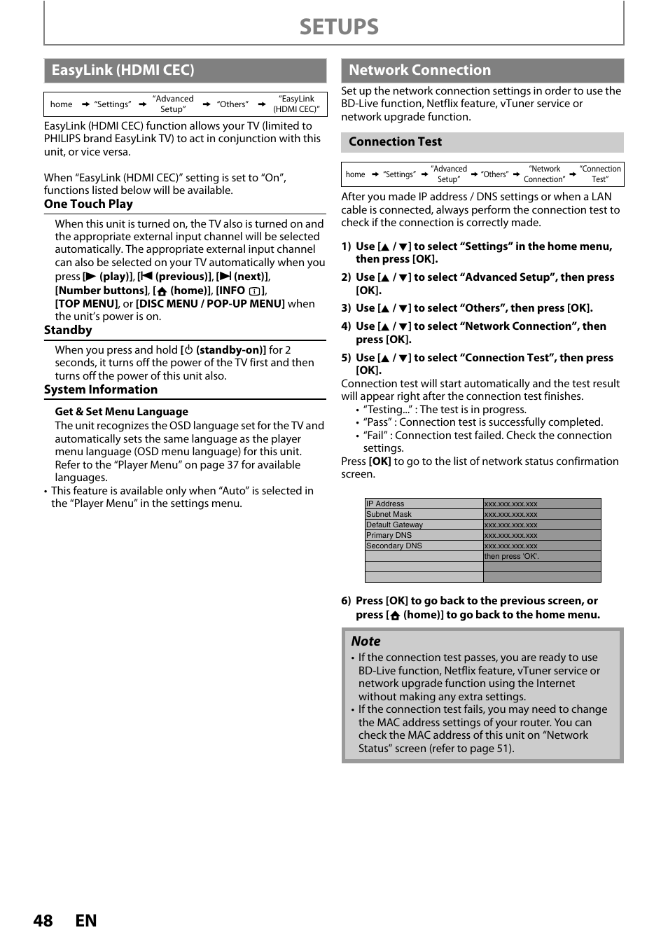 Easylink (hdmi cec) network connection, R to “network, Setups | Easylink (hdmi cec), Network connection | Philips BDP5110/F7 User Manual | Page 48 / 60