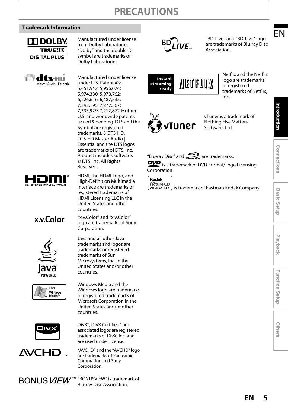 Precautions | Philips BDP5110/F7 User Manual | Page 5 / 60