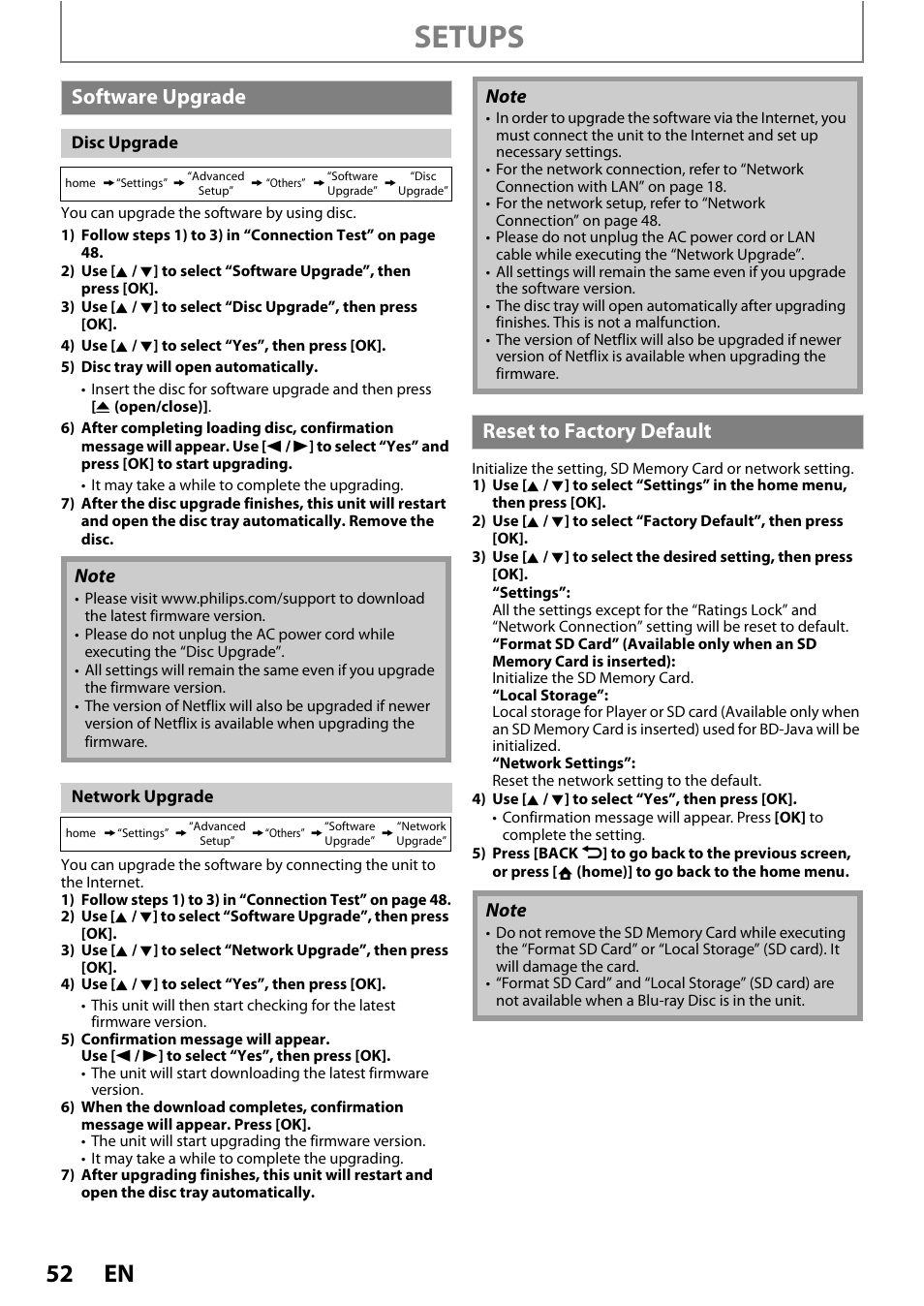 Software upgrade reset to factory default, Setups, Software upgrade | Reset to factory default | Philips BDP5110/F7 User Manual | Page 52 / 60