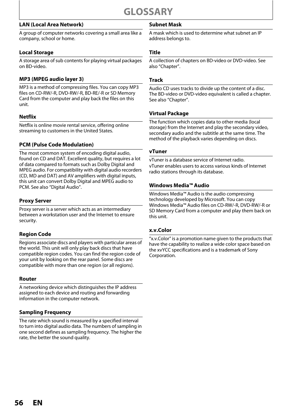 Lso “title, Sampling frequency” an, Glossary | Philips BDP5110/F7 User Manual | Page 56 / 60