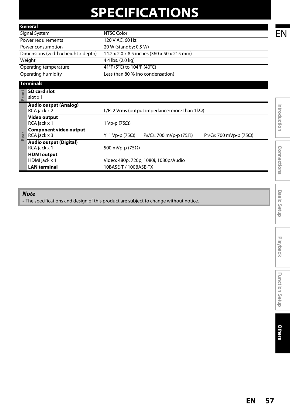 Specifications, 57 en | Philips BDP5110/F7 User Manual | Page 57 / 60