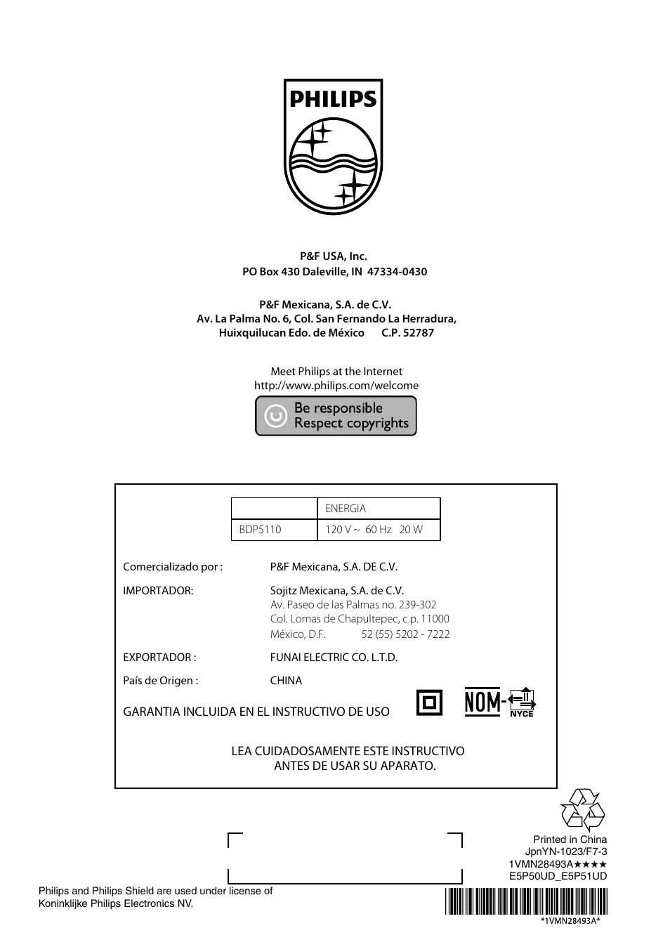 Philips BDP5110/F7 User Manual | Page 60 / 60