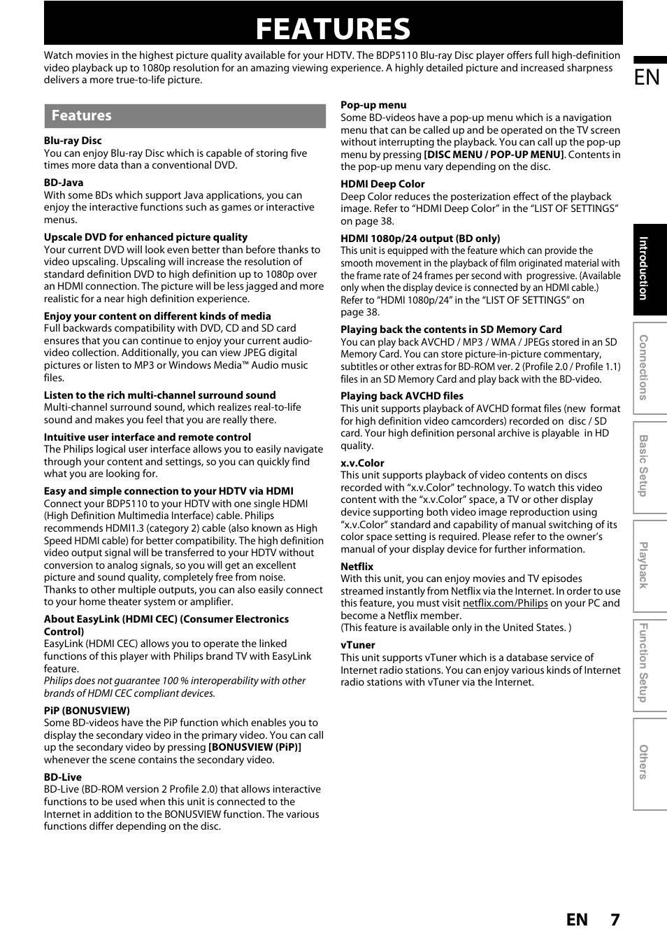 Features | Philips BDP5110/F7 User Manual | Page 7 / 60