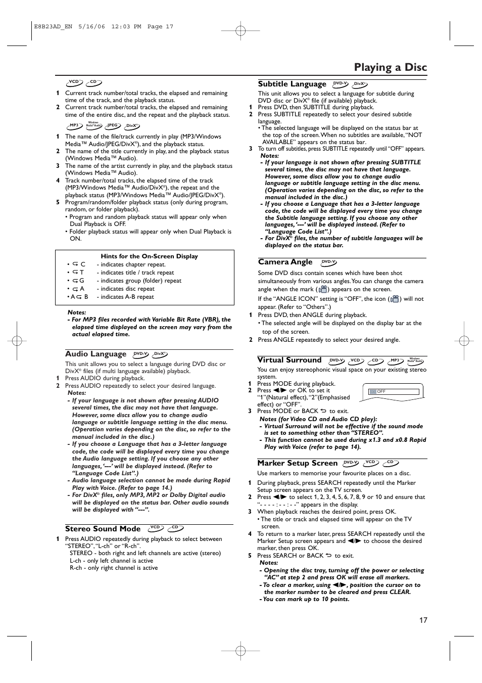 Playing a disc, Audio language, Stereo sound mode | Subtitle language, Camera angle, Marker setup screen, Virtual surround | Philips DVP3200V/75 User Manual | Page 17 / 24