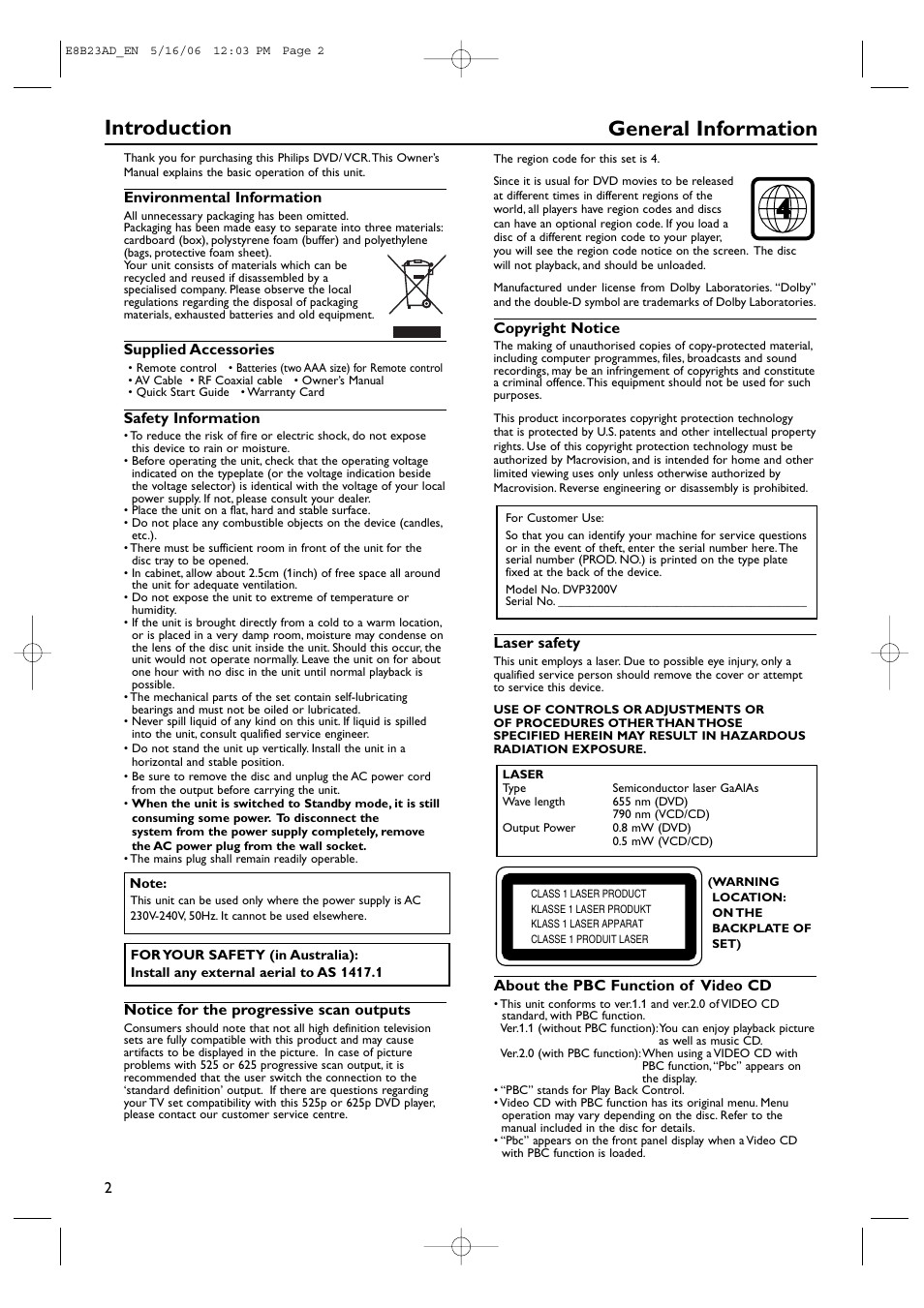 General information, Introduction | Philips DVP3200V/75 User Manual | Page 2 / 24