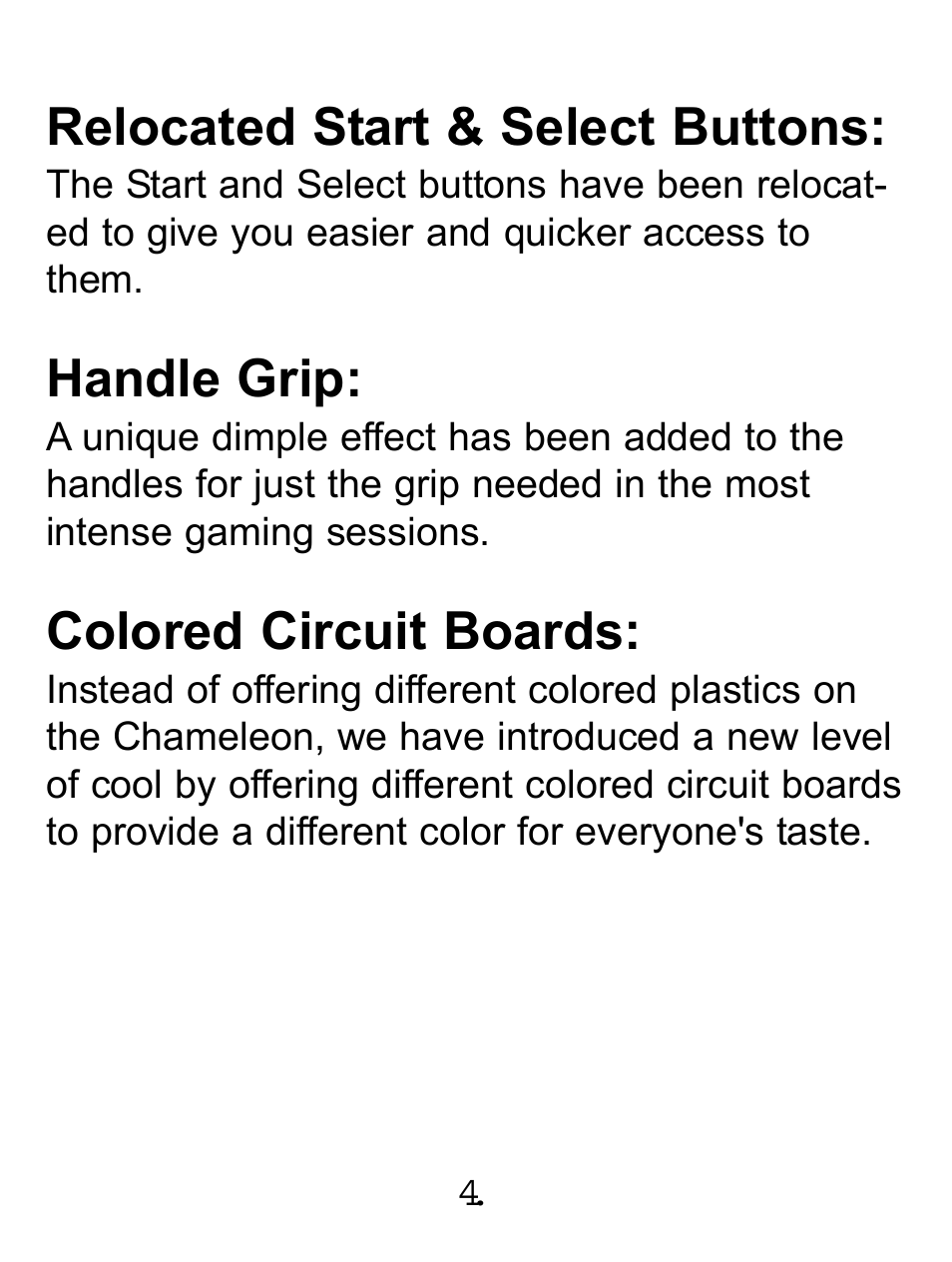 Relocated start & select buttons, Handle grip, Colored circuit boards | Philips CHAMELEON PL-659 User Manual | Page 6 / 12