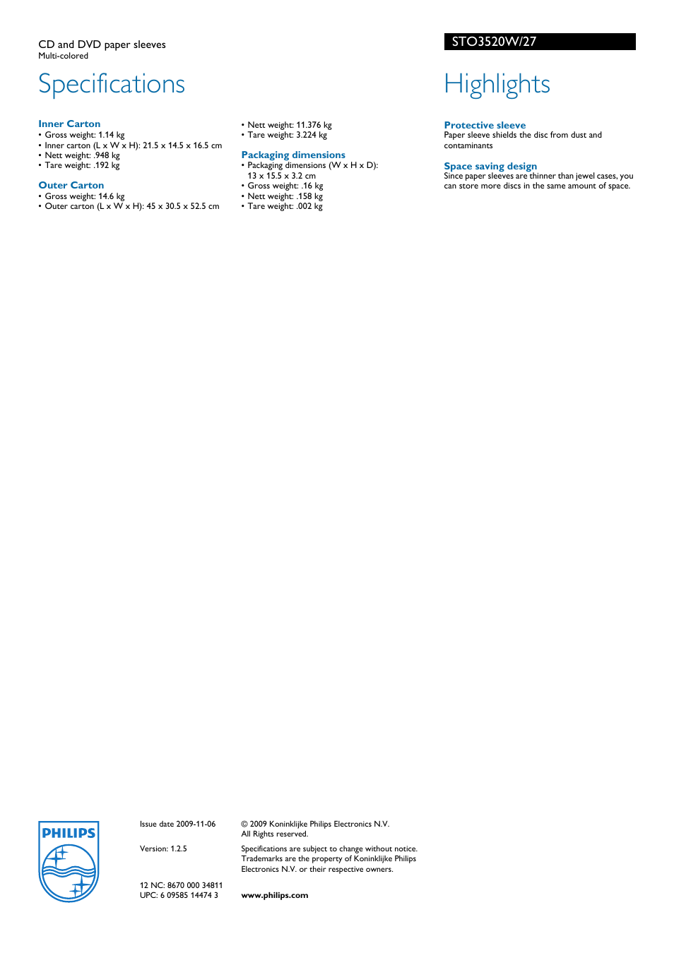 Specifications, Highlights, Philips | Philips STO3520W User Manual | Page 2 / 2