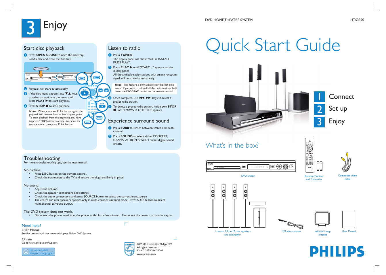 Quick start guide, Enjoy, Connect set up enjoy | What’s in the box, Start disc playback, Listen to radio, Experience surround sound, Troubleshooting | Philips DivX Ultra HTS3320 User Manual | Page 2 / 2