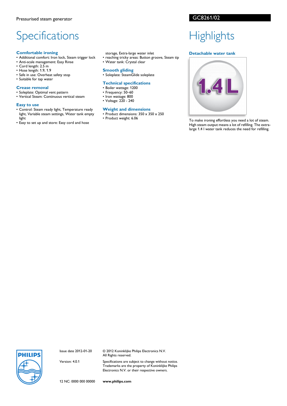 Specifications, Highlights | Philips GC8261 User Manual | Page 2 / 2