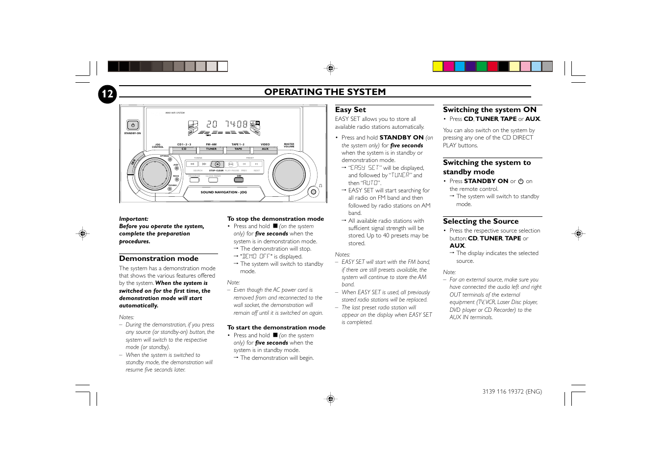 Operating the system, Demonstration mode, Easy set | Switching the system on, Switching the system to standby mode, Selecting the source | Philips FW-C35 User Manual | Page 12 / 28