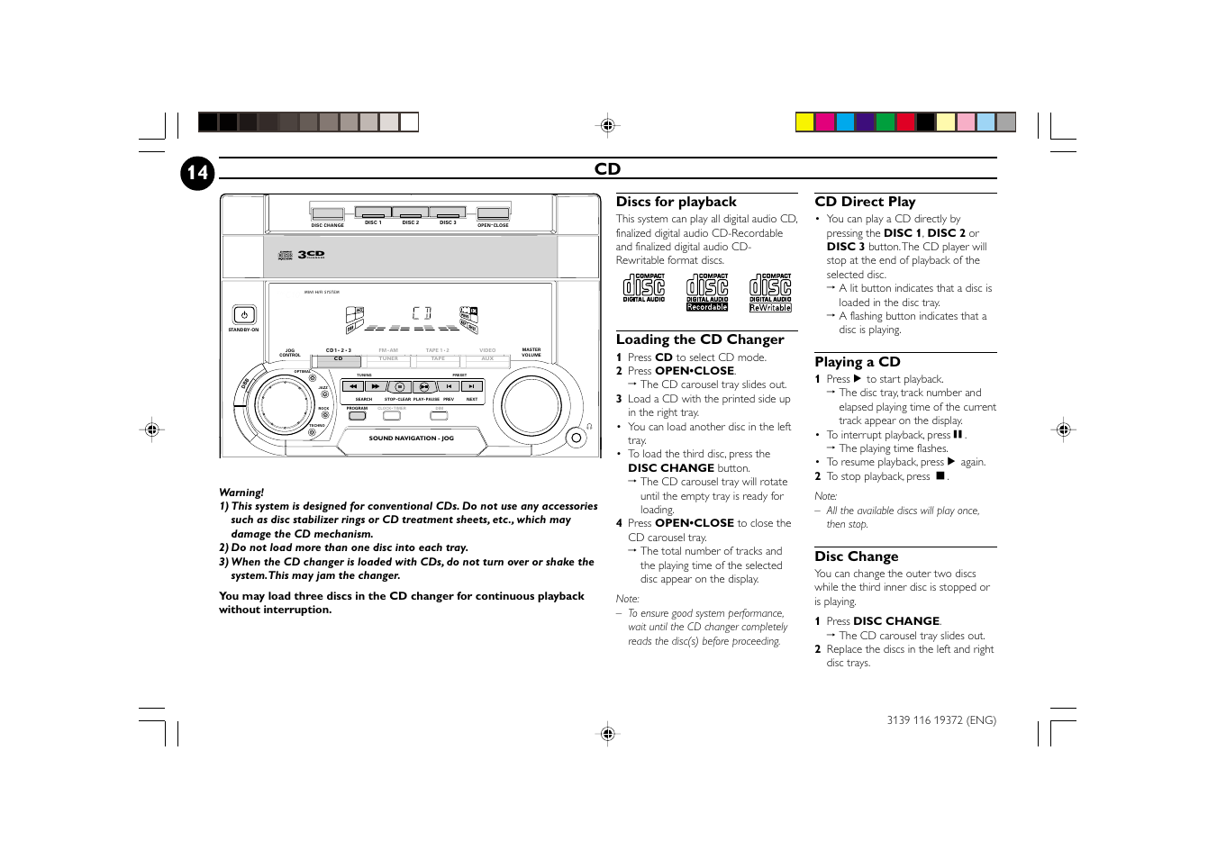 Discs for playback, Loading the cd changer, Cd direct play | Playing a cd, Disc change | Philips FW-C35 User Manual | Page 14 / 28