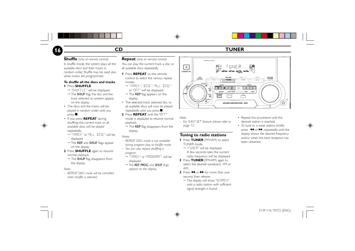 Cd tuner, Repeat, Shuffle | Tuning to radio stations | Philips FW-C35 User Manual | Page 16 / 28