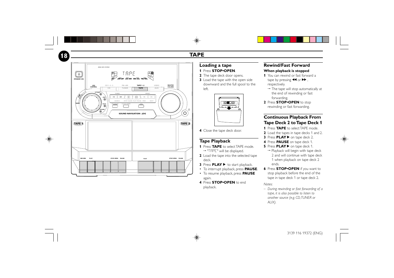 Tape, Loading a tape, Tape playback | Rewind/fast forward | Philips FW-C35 User Manual | Page 18 / 28