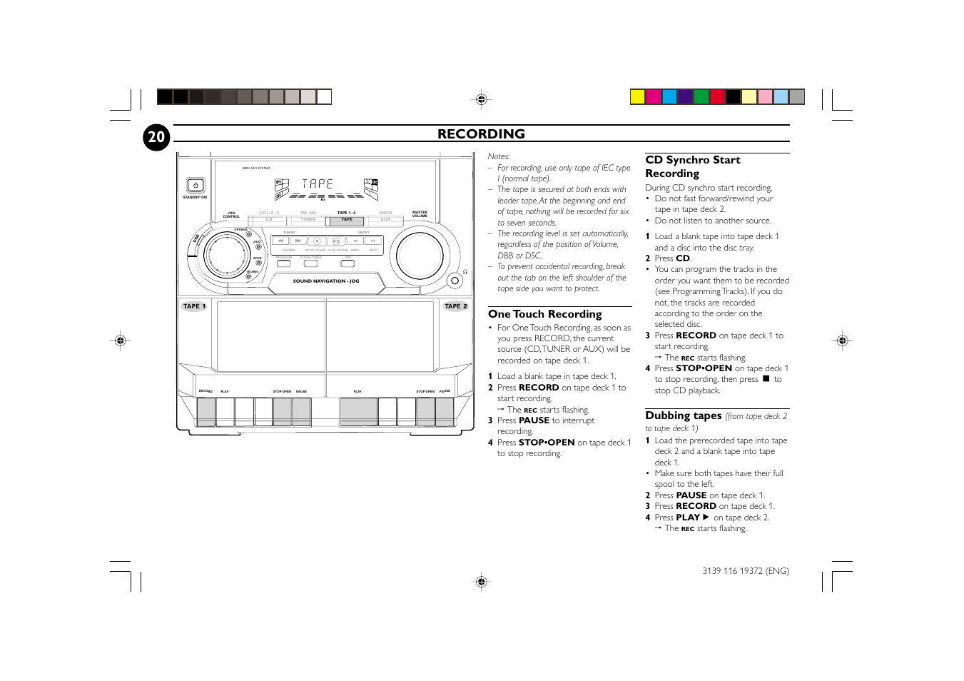 Recording, One touch recording, Cd synchro start recording | Dubbing tapes | Philips FW-C35 User Manual | Page 20 / 28