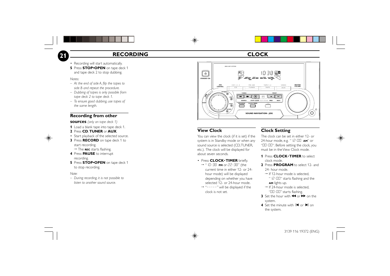 Recording clock, Recording from other sources, View clock | Clock setting | Philips FW-C35 User Manual | Page 21 / 28