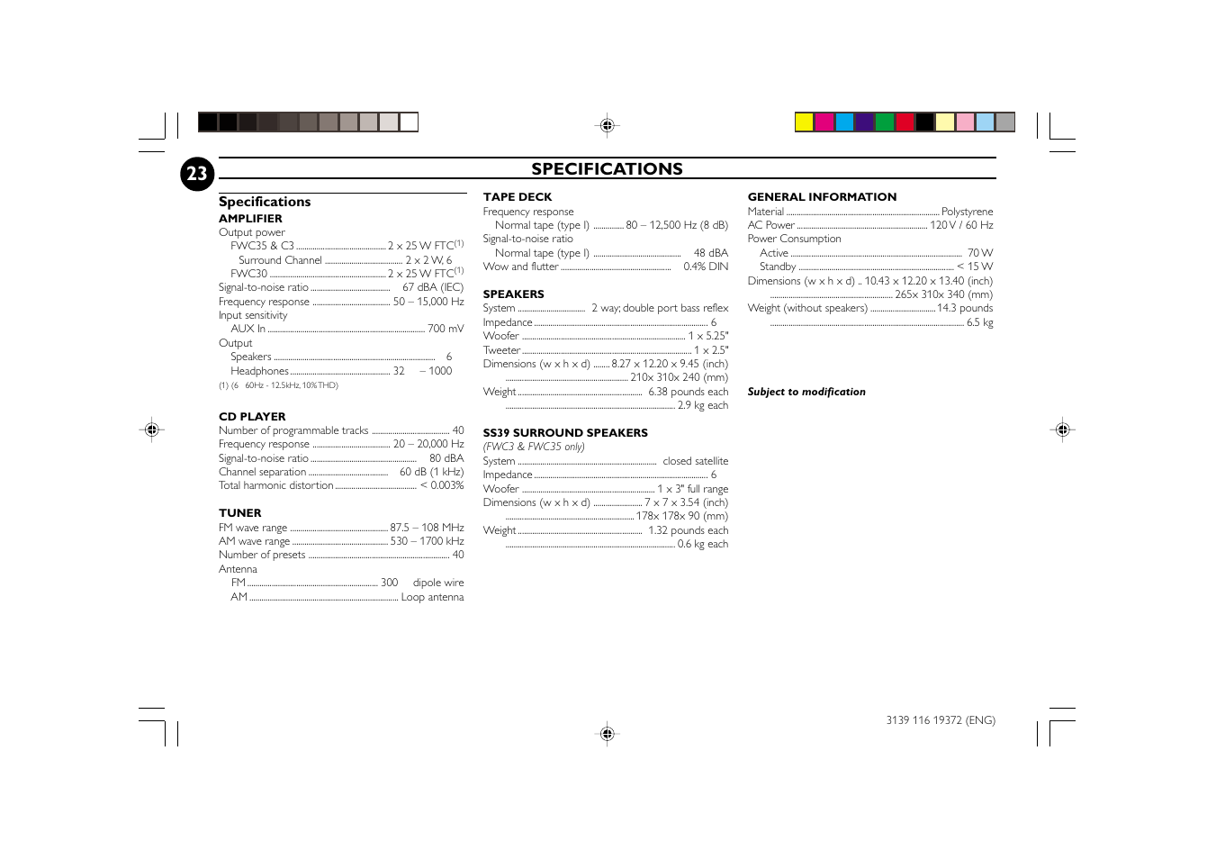 Specifications | Philips FW-C35 User Manual | Page 23 / 28