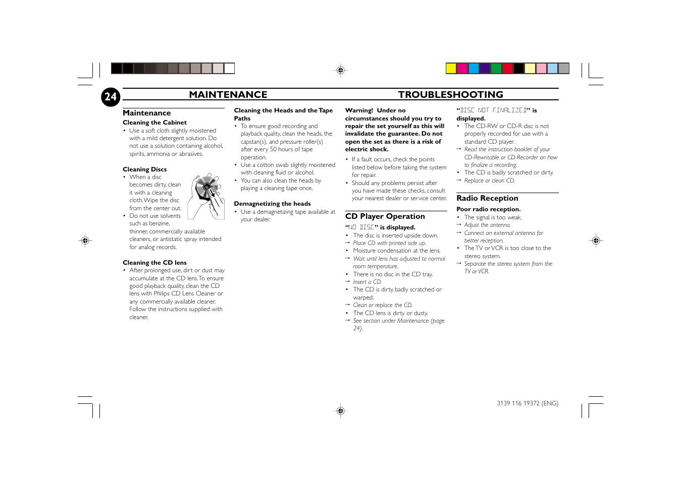 Maintenance troubleshooting | Philips FW-C35 User Manual | Page 24 / 28