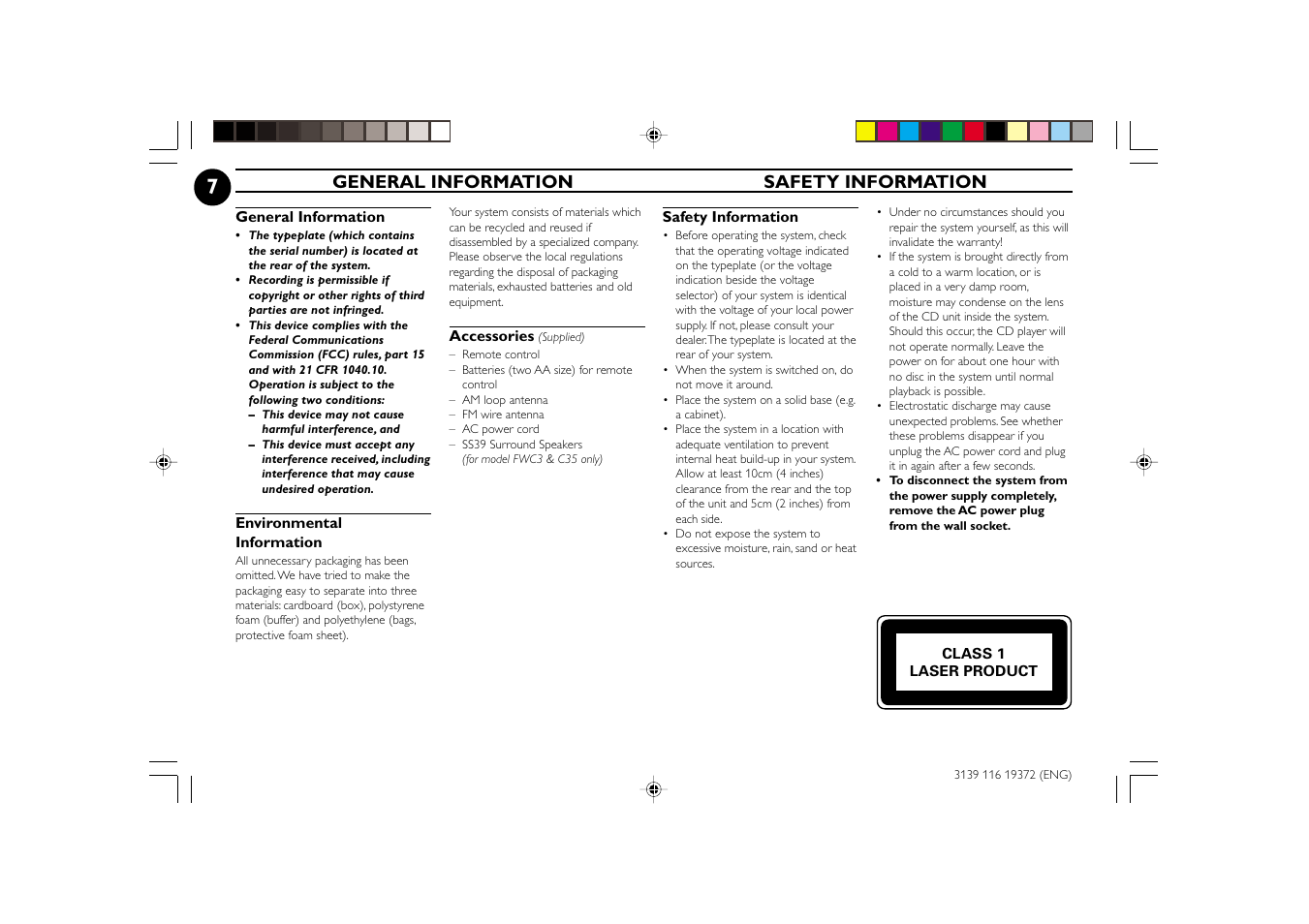 General information safety information | Philips FW-C35 User Manual | Page 7 / 28