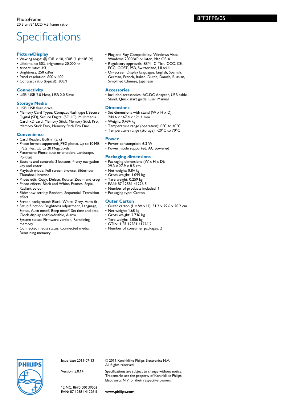 Specifications, 8ff3fpb/05 | Philips 8FF3FPB User Manual | Page 3 / 3