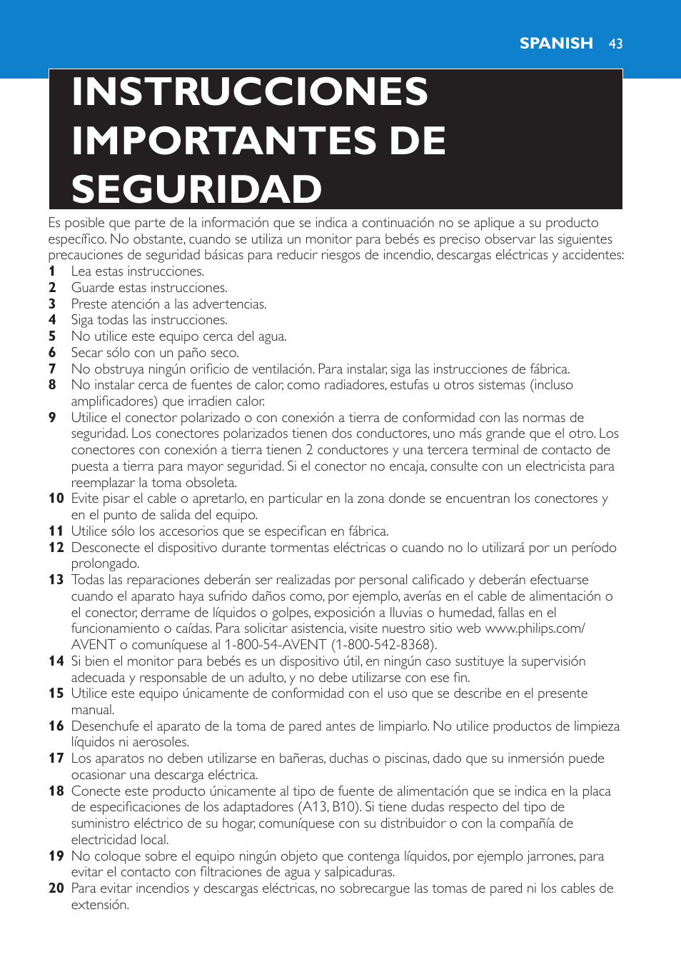 Instrucciones importantes de seguridad | Philips Avent SCD525 User Manual | Page 43 / 64