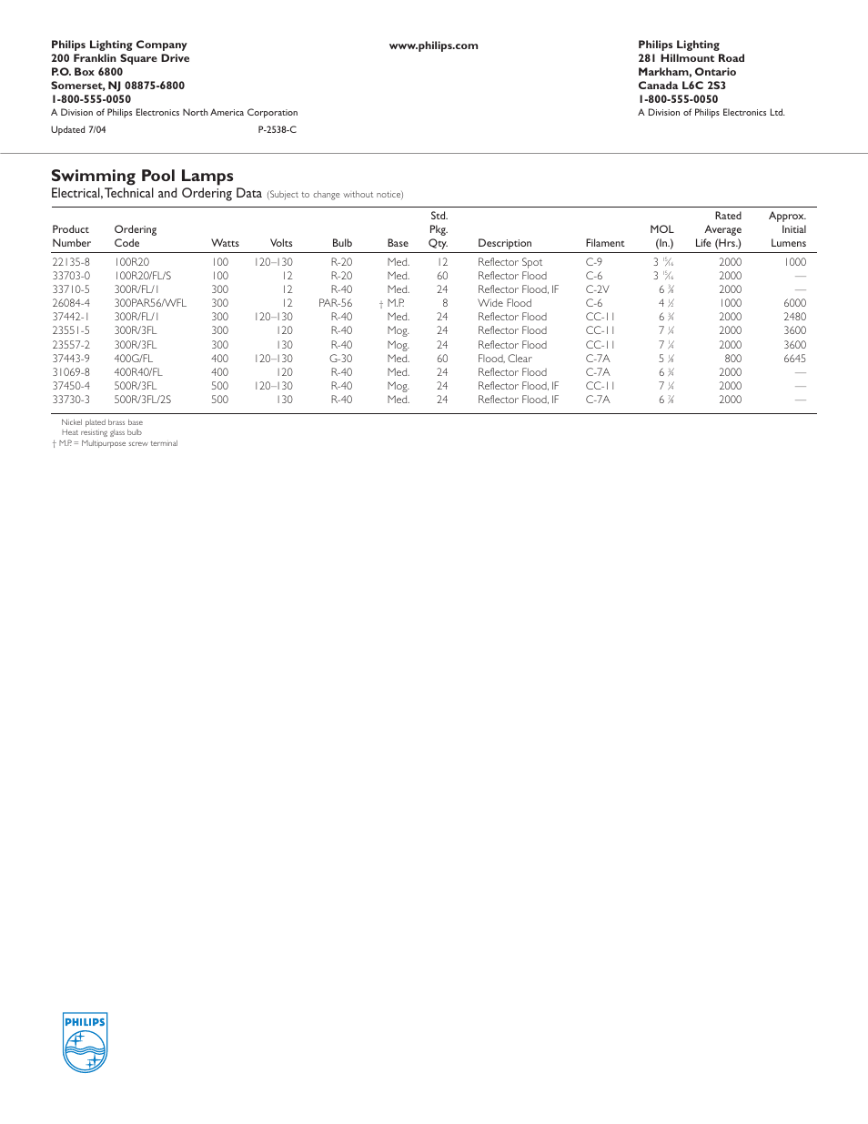 Swimming pool lamps, Electrical,technical and ordering data | Philips P-2538-C User Manual | Page 2 / 2