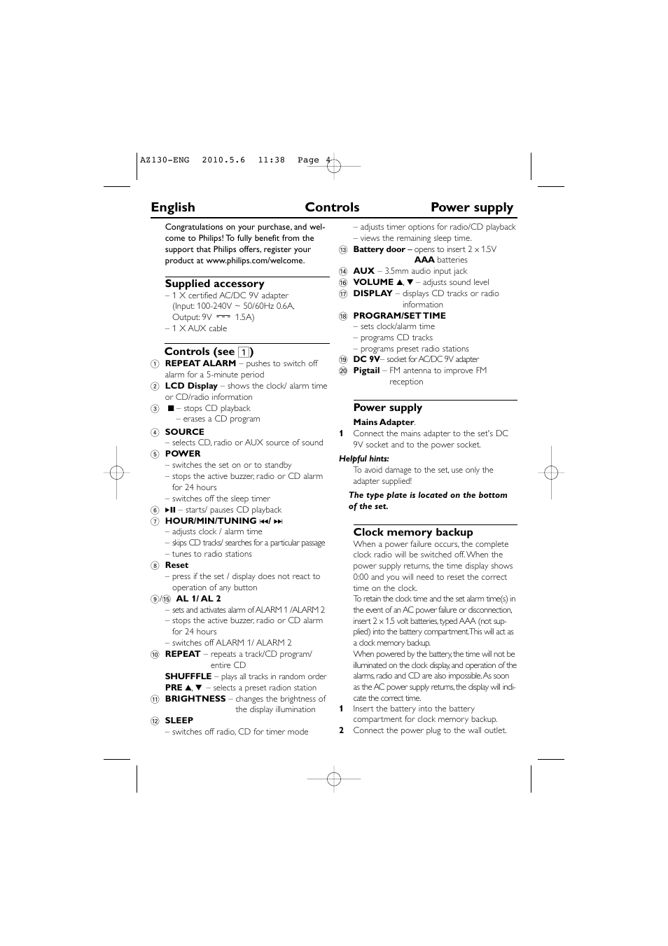 English controls power supply | Philips AJ130/12 User Manual | Page 4 / 12