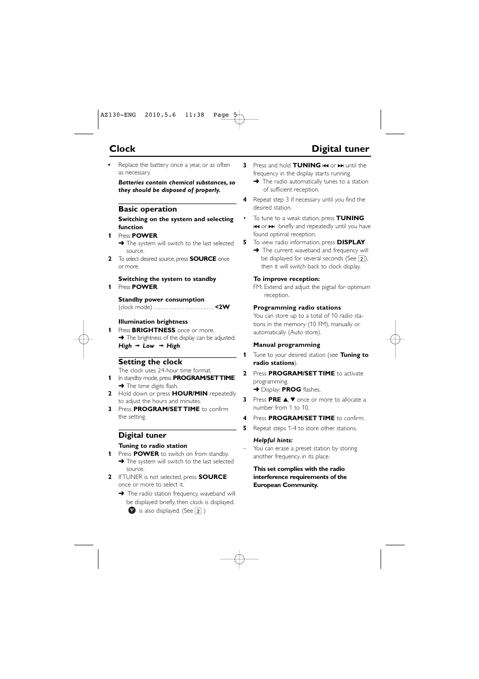 Clock digital tuner, Basic operation, Setting the clock | Digital tuner | Philips AJ130/12 User Manual | Page 5 / 12