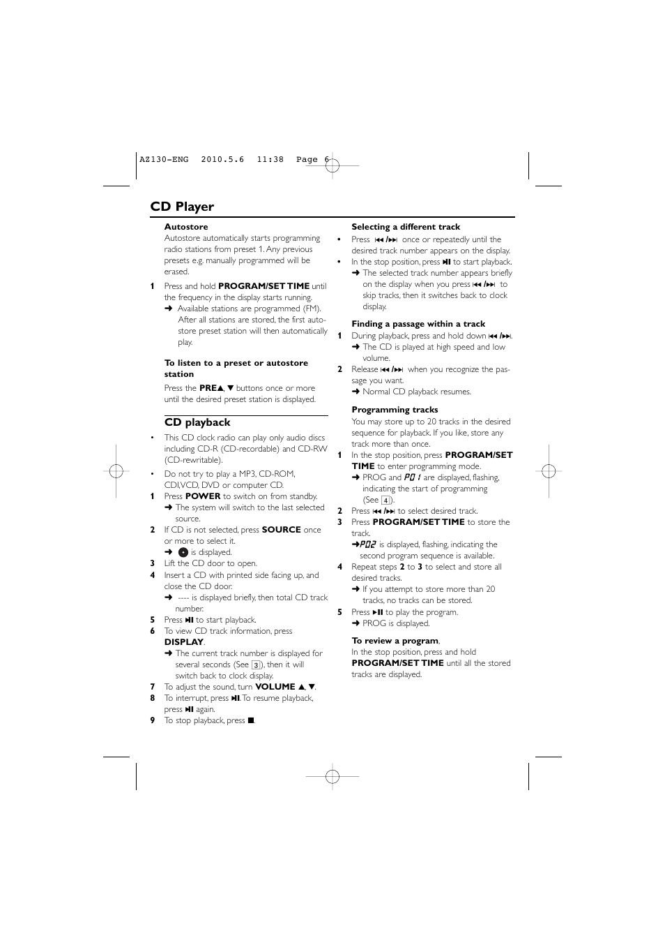 Cd player, Cd playback | Philips AJ130/12 User Manual | Page 6 / 12