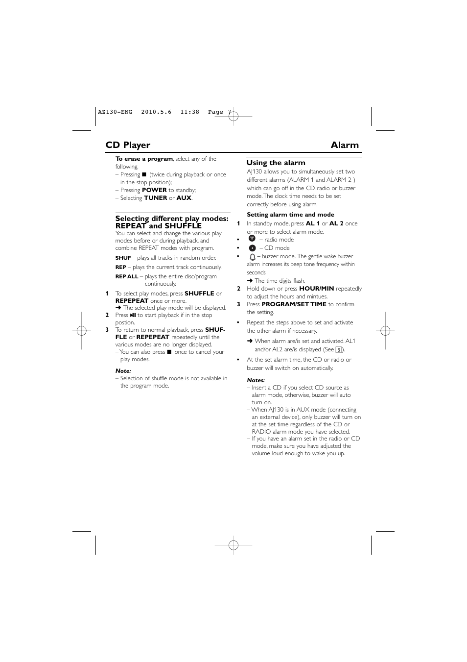 Cd player alarm, Selecting different play modes: repeat and shuffle, Using the alarm | Philips AJ130/12 User Manual | Page 7 / 12
