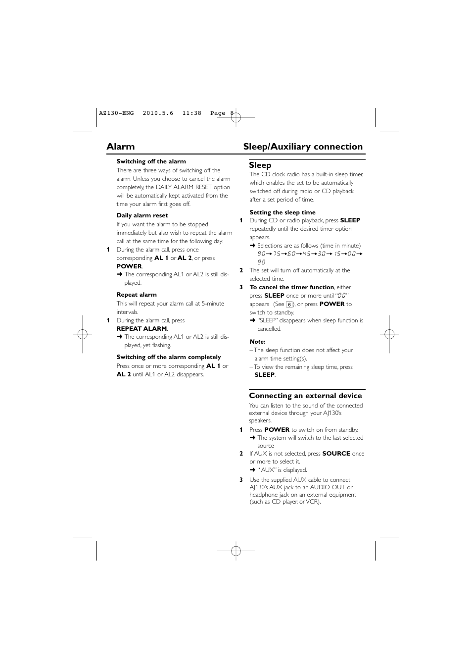 Alarm sleep/auxiliary connection, Sleep | Philips AJ130/12 User Manual | Page 8 / 12