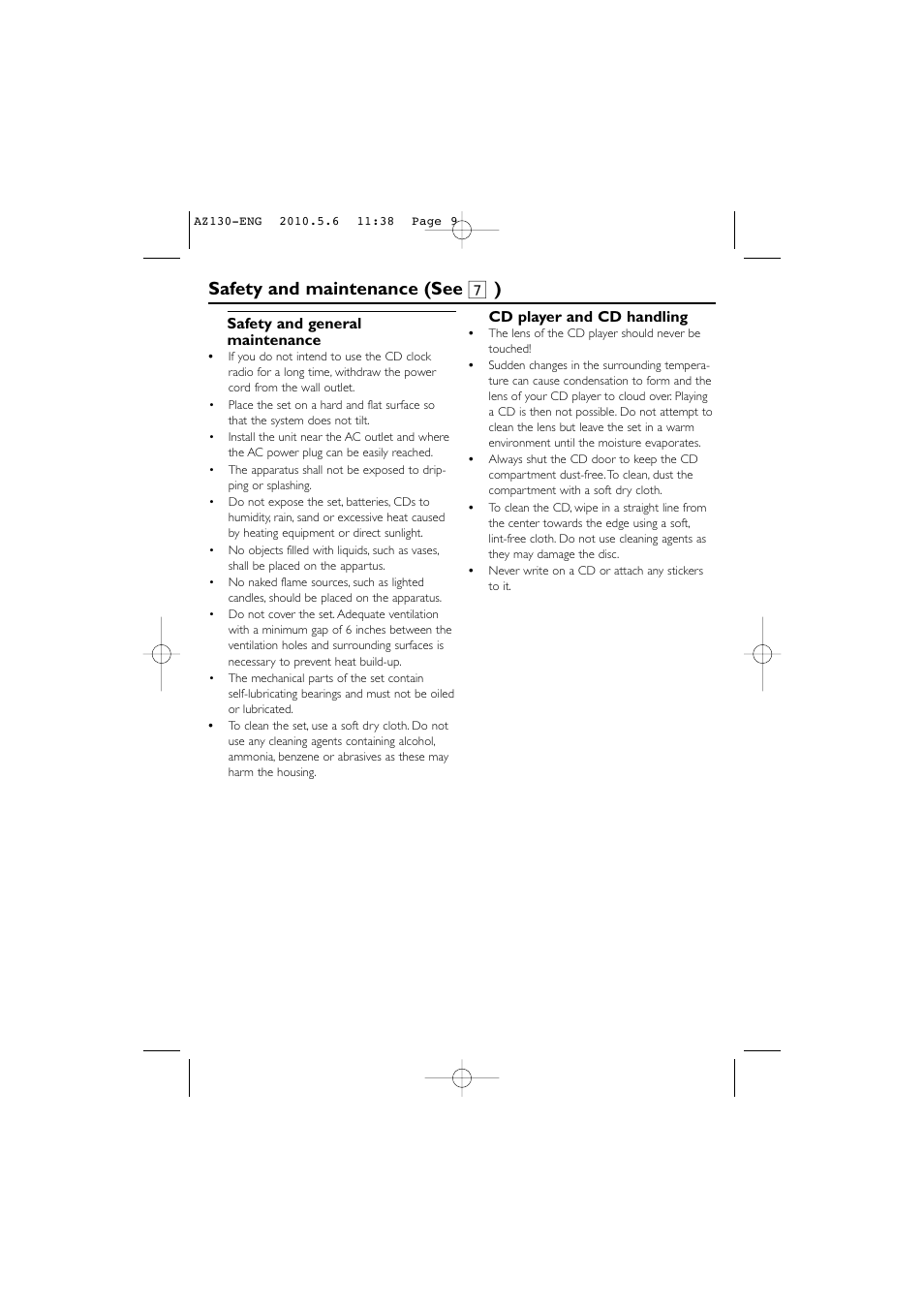 Safety and maintenance (see 7 ), Safety and general maintenance, Cd player and cd handling | Philips AJ130/12 User Manual | Page 9 / 12