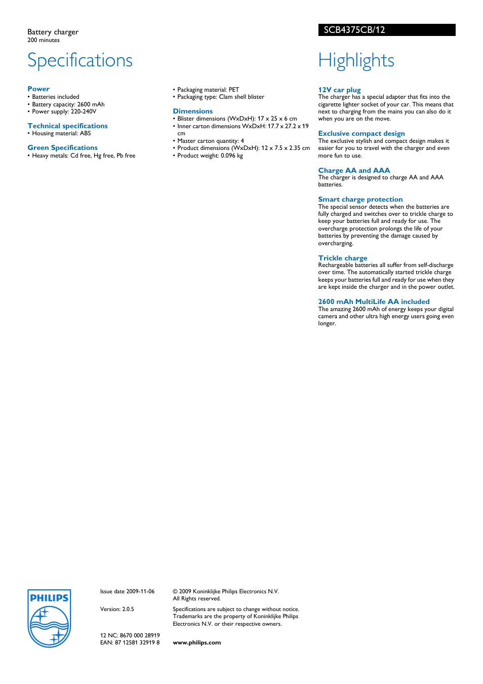 Specifications, Highlights | Philips SCB4375/12 User Manual | Page 2 / 2