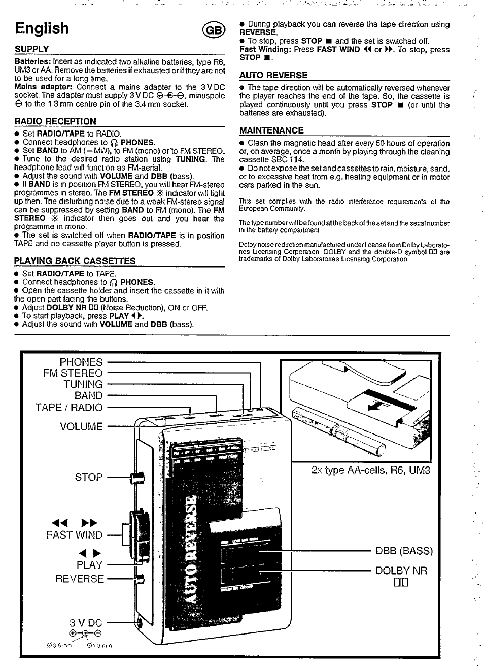 Supply, Radio reception, Playing back cassettes | Auto reverse, Maintenance, English, Fast wind, Play reverse 3 v d c, Dbb (bass) dolby nr | Philips AQ6508 User Manual | Page 4 / 9