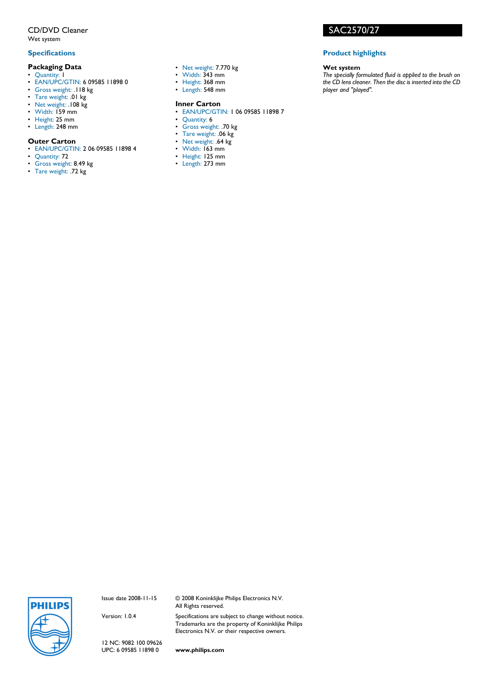 Specifications, Packaging data, Outer carton | Inner carton, Philips | Philips SAC2570 User Manual | Page 2 / 2