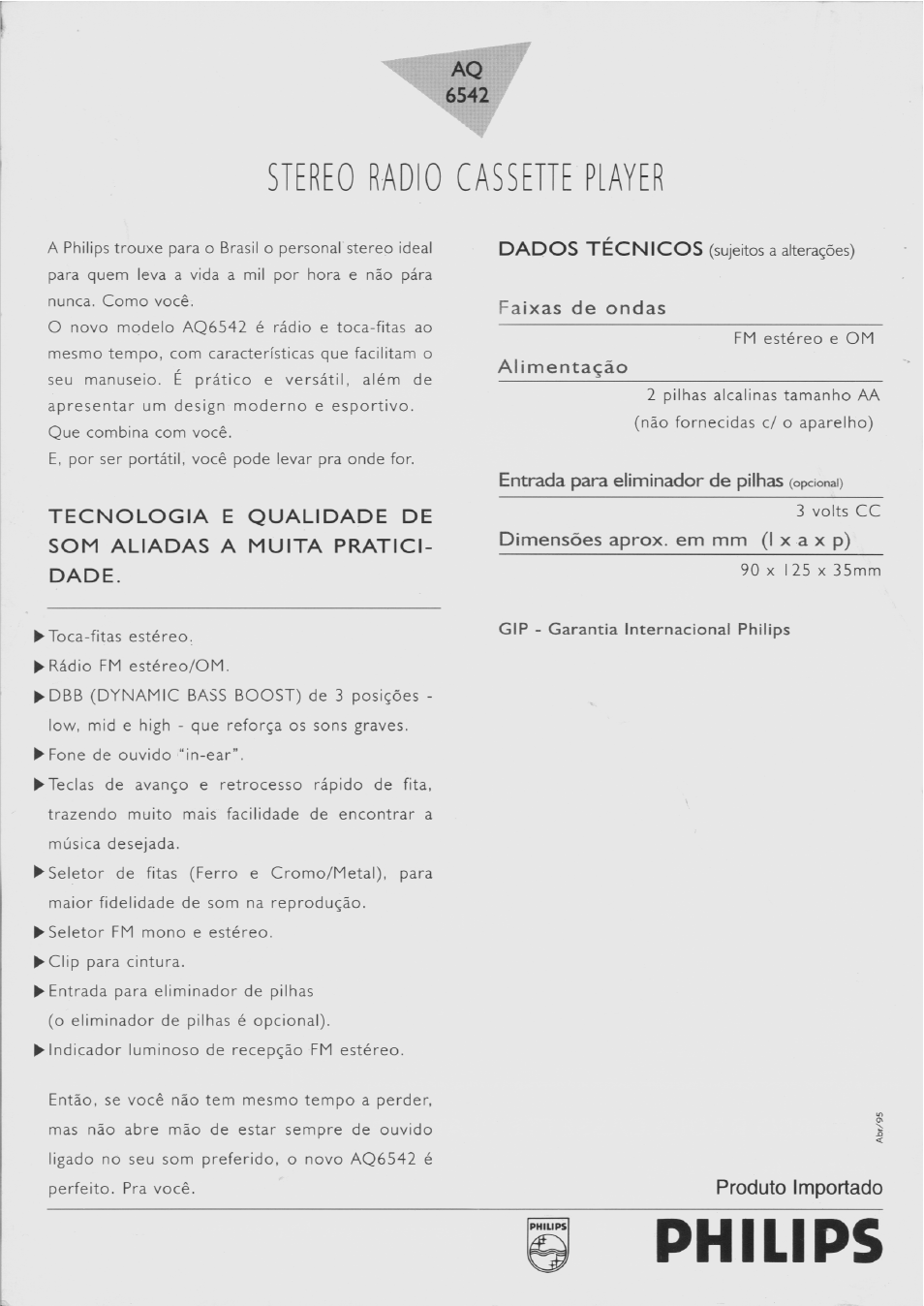 Alimentagäo, Entrada para eliminador de pilhas (opcional), Dimensóes aprox. em mm (i x a x p) | Philips, Stereo radio cassette player | Philips AQ6542 User Manual | Page 2 / 2