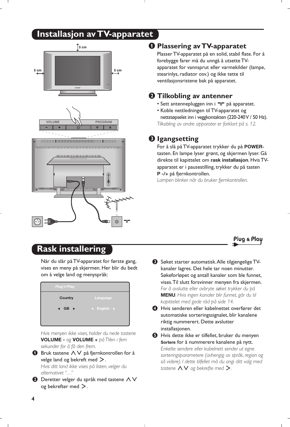 Rask installering, Installasjon av tv-apparatet, Plassering av tv-apparatet | Tilkobling av antenner, Igangsetting | Philips 15PF4110/58 User Manual | Page 106 / 174