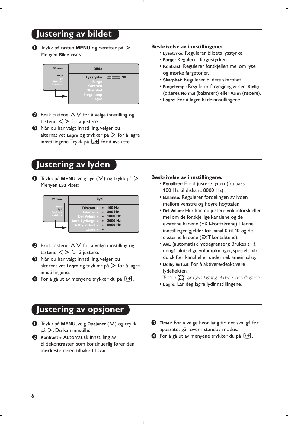 Justering av bildet justering av lyden, Justering av opsjoner | Philips 15PF4110/58 User Manual | Page 108 / 174