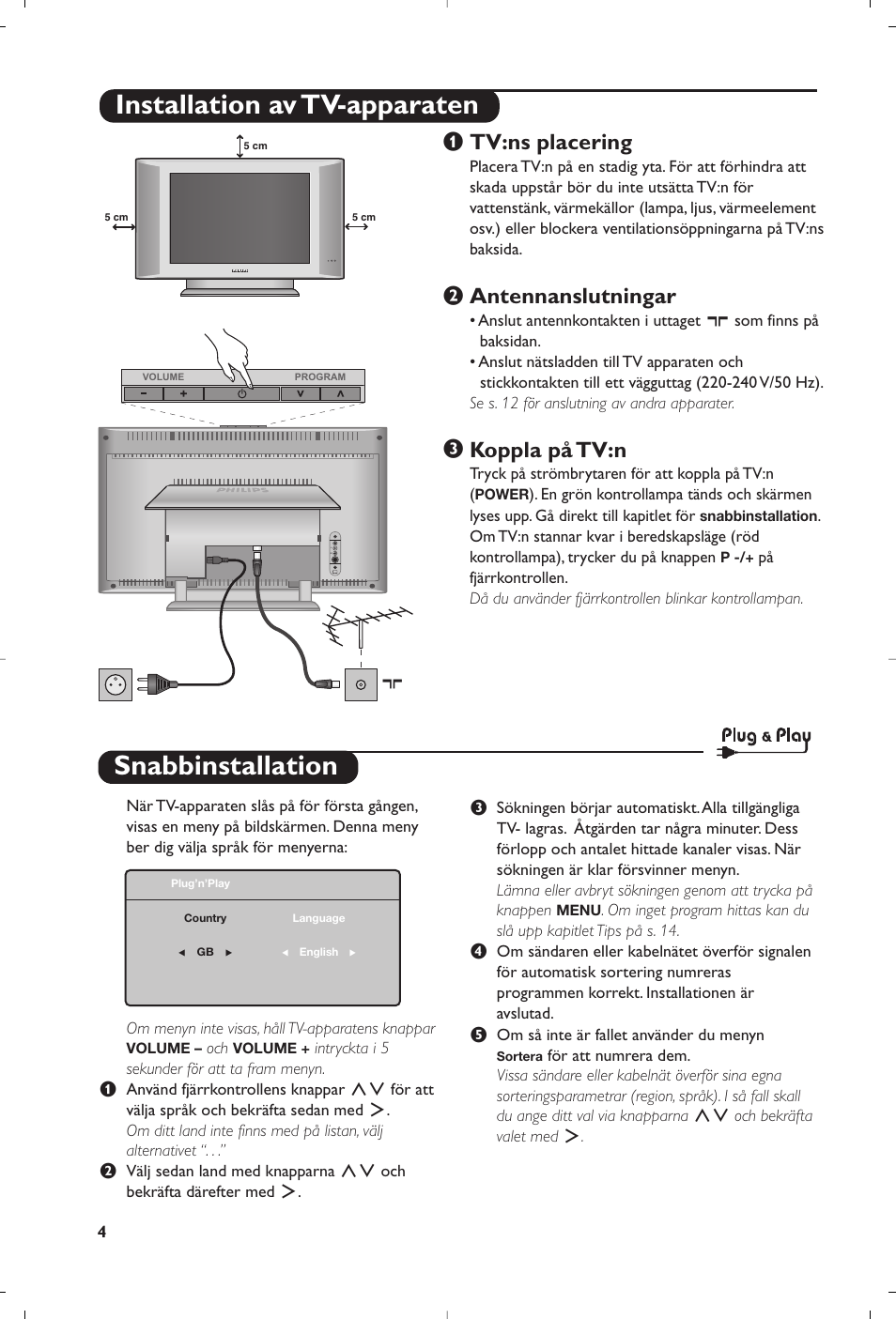 Snabbinstallation, Installation av tv-apparaten, Tv:ns placering | Antennanslutningar, Koppla på tv:n | Philips 15PF4110/58 User Manual | Page 120 / 174