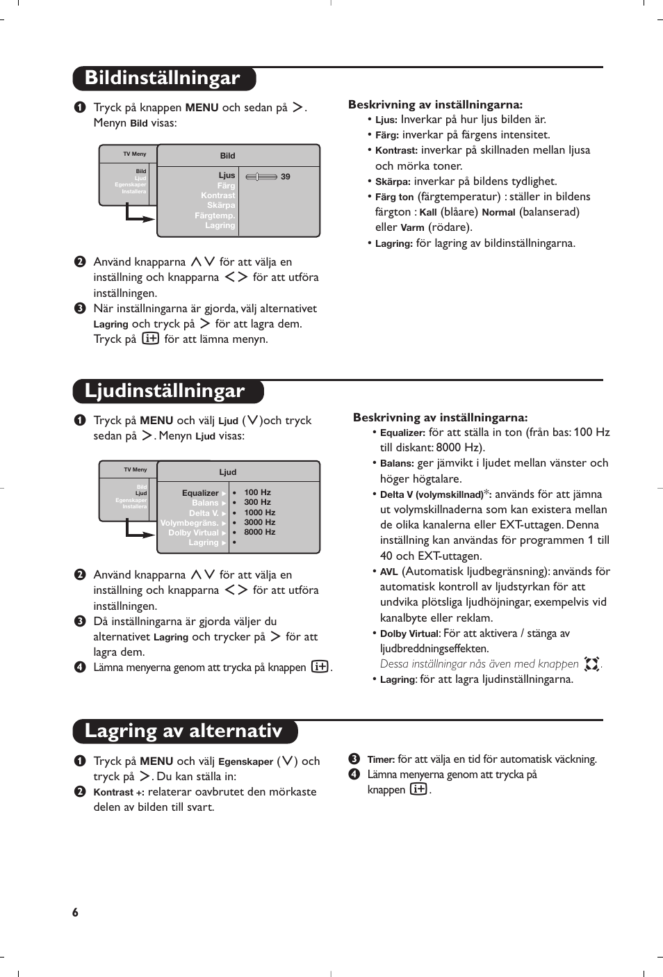 Bildinställningar ljudinställningar, Lagring av alternativ | Philips 15PF4110/58 User Manual | Page 122 / 174