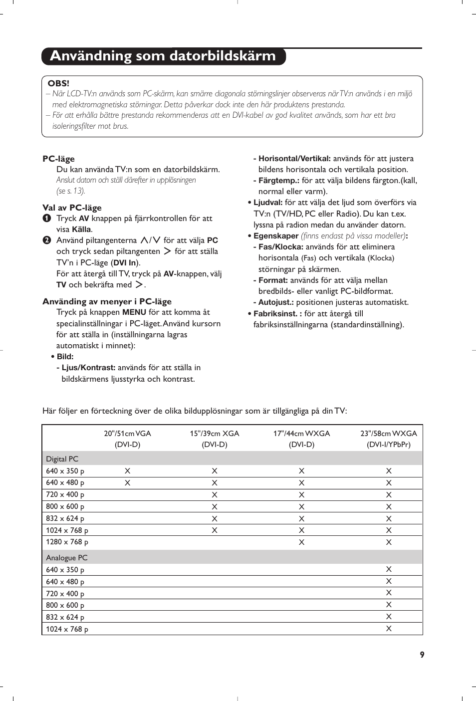 Användning som datorbildskärm | Philips 15PF4110/58 User Manual | Page 125 / 174