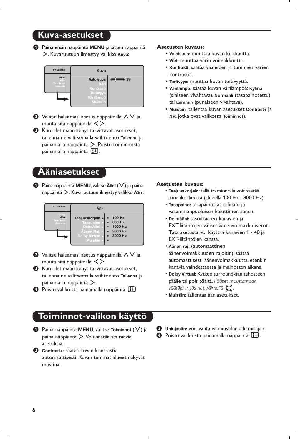 Kuva-asetukset ääniasetukset, Toiminnot-valikon käyttö | Philips 15PF4110/58 User Manual | Page 136 / 174