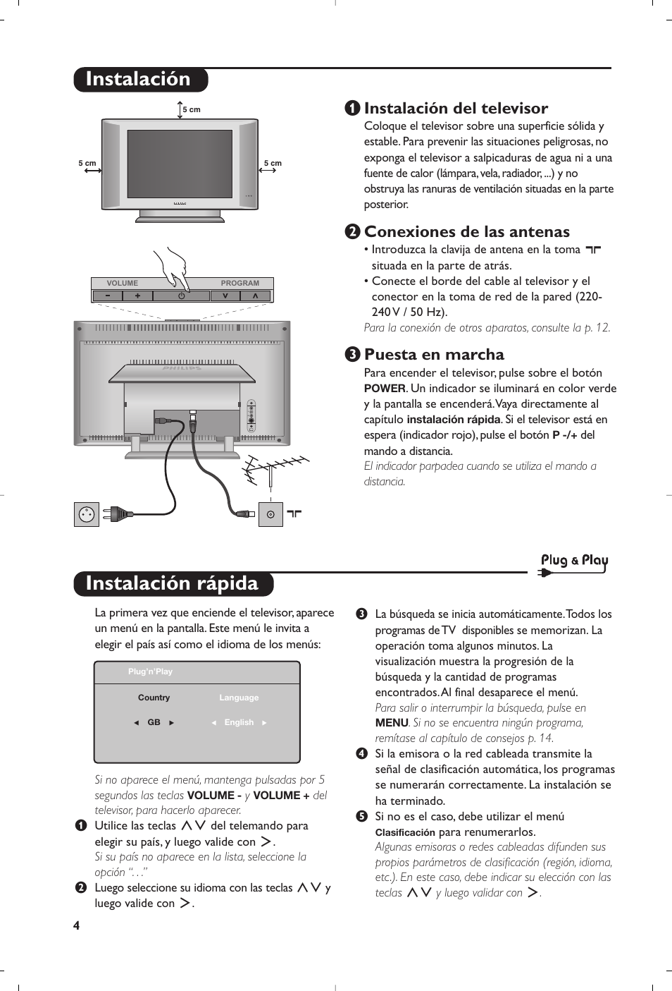 Instalación rápida, Instalación, Instalación del televisor | É conexiones de las antenas, Puesta en marcha | Philips 15PF4110/58 User Manual | Page 148 / 174