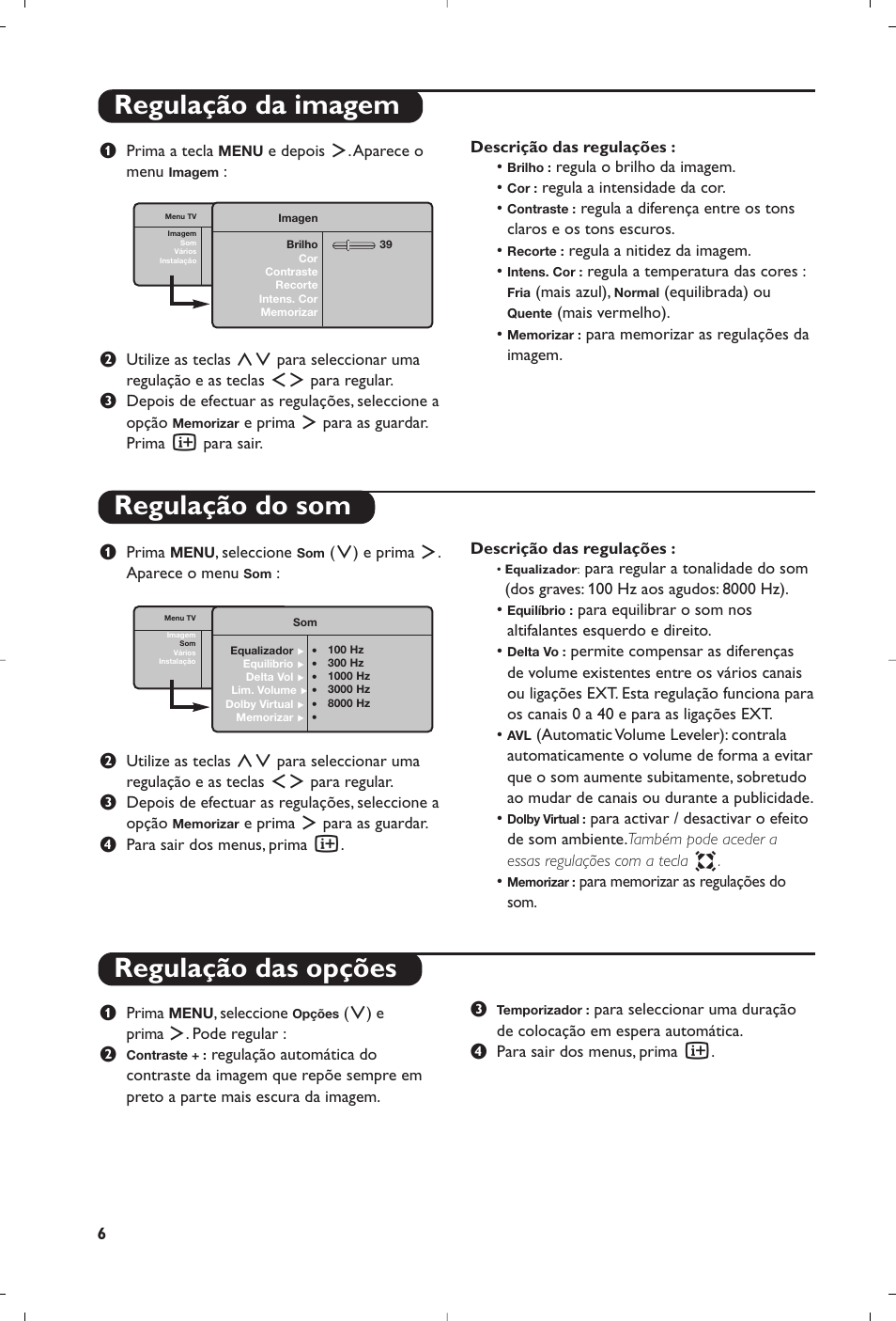 Regulação da imagem regulação do som, Regulação das opções | Philips 15PF4110/58 User Manual | Page 164 / 174