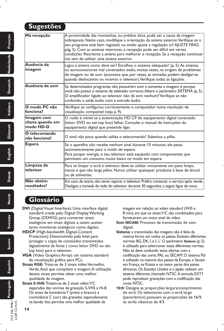 Glossário, Sugestões | Philips 15PF4110/58 User Manual | Page 172 / 174